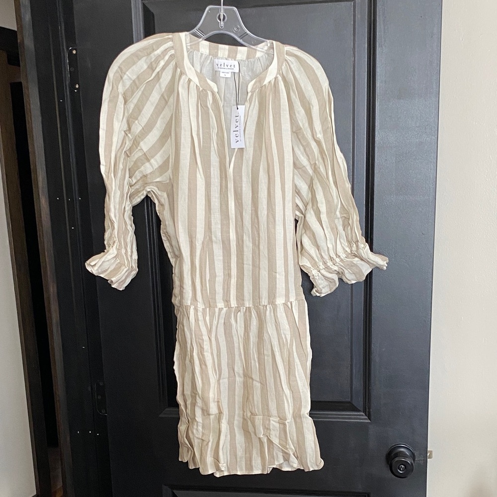 Velvet Beige and White Striped Dress